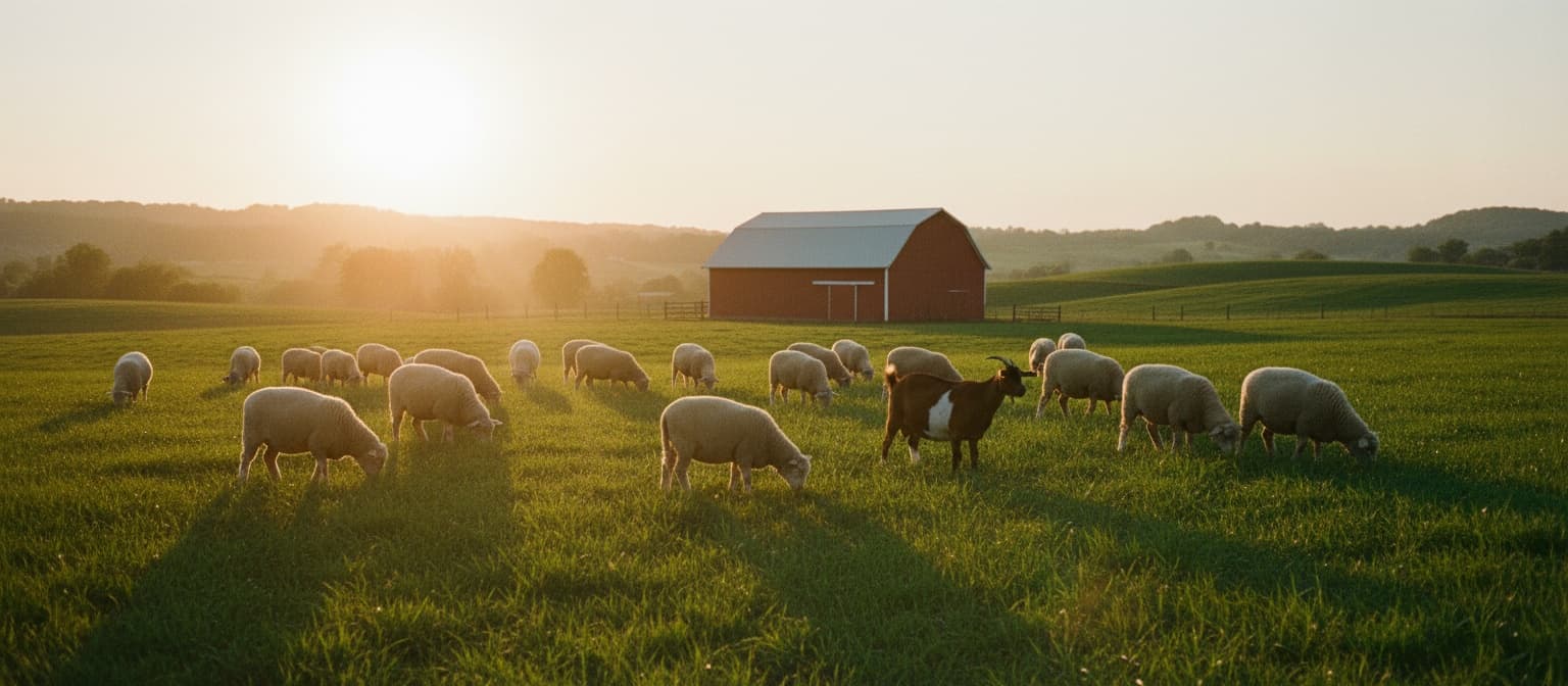 Lambs and goats at Harbsfarm pasture at golden hour